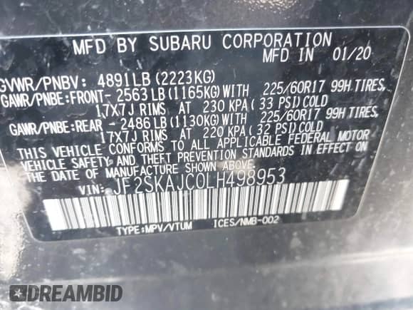 2020 Subaru Forester Premium z VIN JF2SKAJC0LH498953, wystawiony jako IAAI lot #43396896 z przebiegiem 76 280 mil mil oraz . Historia ofert i sprzedaży dostępna na DreamBid. Obrazek 9.