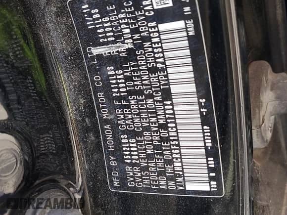 2017 Honda Accord EX-L with VIN JHMCR6F51HC017004, listed as a Copart auction lot 81518645 with 57,201 mi miles and Salvage title. Bid and sale history available at DreamBid. Image 12.