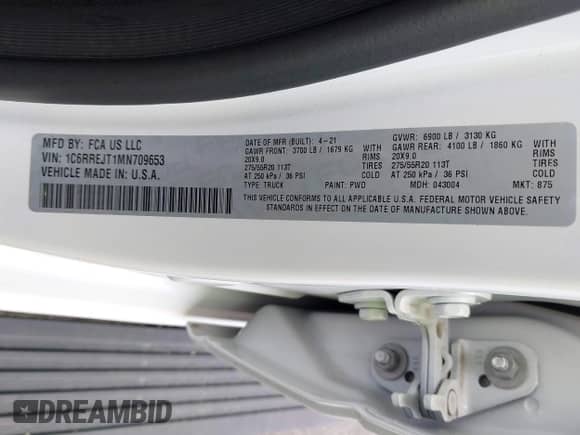 2021 Ram 1500 Laramie with VIN 1C6RREJT1MN709653, listed as a IAAI auction lot 41951192 with 39,688 mi miles and . Bid and sale history available at DreamBid. Image 9.