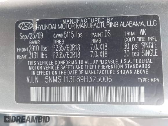 2009 Hyundai Santa Fe SE с VIN 5NMSH13E89H325006, выставлен на аукционе IAAI как лот 42298182 с пробегом 164 253 миль миль и . История ставок и продаж доступна на DreamBid. Изображение 9.