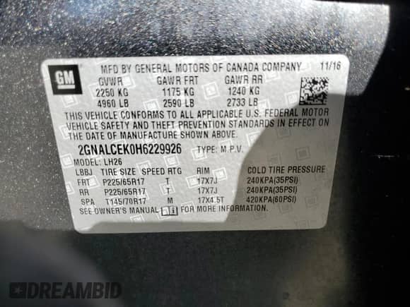 2017 Chevrolet Equinox LT with VIN 2GNALCEK0H6229926, listed as a Copart auction lot 81336075 with 119,155 mi miles and Salvage title. Bid and sale history available at DreamBid. Image 13.