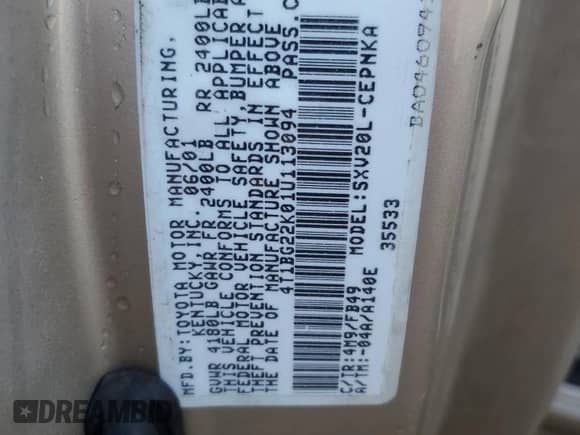 2001 Toyota Camry LE z VIN 4T1BG22K01U113094, wystawiony jako Copart lot #80082145 z przebiegiem 190 222 mil mil oraz Szkoda całkowita • Salvage title. Historia ofert i sprzedaży dostępna na DreamBid. Obrazek 12.