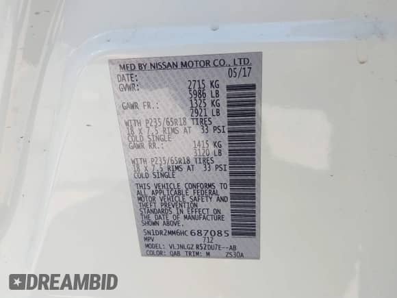 2017 Nissan Pathfinder SV with VIN 5N1DR2MM6HC687085, listed as a IAAI auction lot 41793687 with 138,842 mi miles and . Bid and sale history available at DreamBid. Image 9.