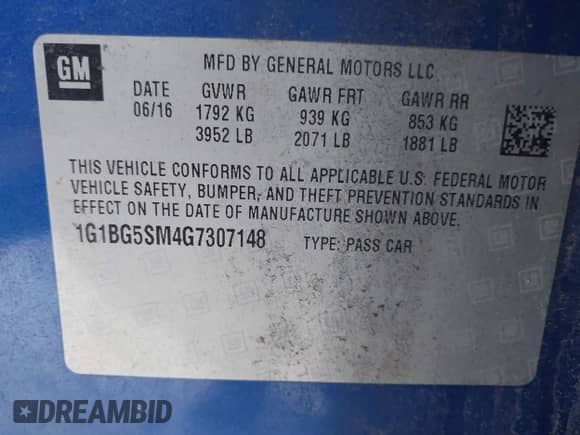 2016 Chevrolet Cruze Premier with VIN 1G1BG5SM4G7307148, listed as a IAAI auction lot 41776596 with 66,193 mi miles and . Bid and sale history available at DreamBid. Image 9.