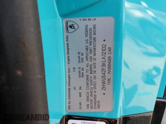 2019 Lamborghini Huracan Performante with VIN ZHWUS4ZF3KLA12102, listed as a Copart auction lot 65319274 with Not provided miles and Salvage title. Bid and sale history available at DreamBid. Image 13.