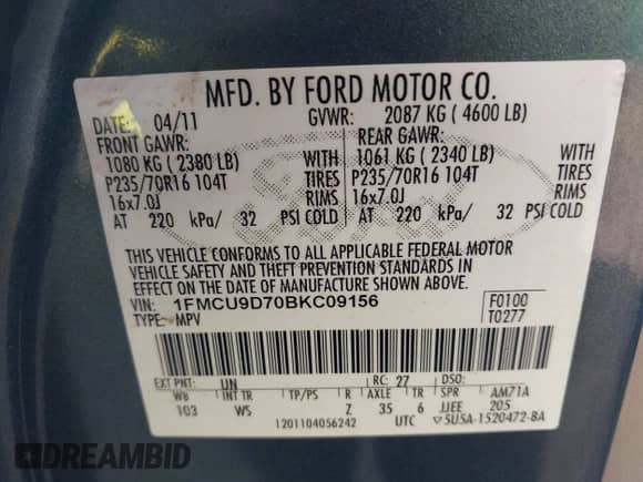 2011 Ford Escape XLT with VIN 1FMCU9D70BKC09156, listed as a IAAI auction lot 43498946 with 517,315 mi miles and . Bid and sale history available at DreamBid. Image 9.