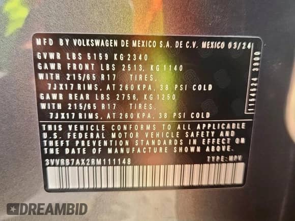 2024 Volkswagen Tiguan S с VIN 3VVRB7AX2RM111148, выставлен на аукционе Copart как лот 71116605 с пробегом 8 634 миль миль и Списание • Salvage title. История ставок и продаж доступна на DreamBid. Изображение 13.