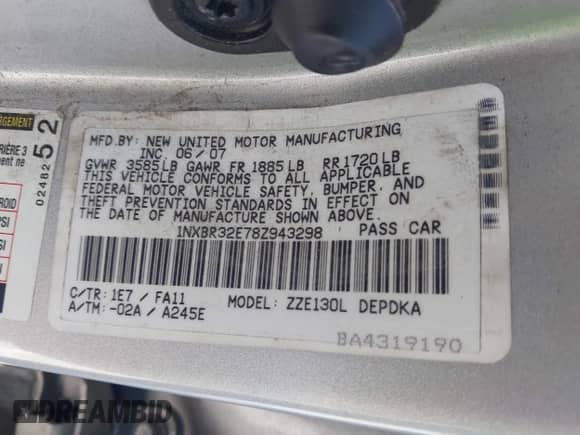 2008 Toyota Corolla CE with VIN 1NXBR32E78Z943298, listed as a IAAI auction lot 42314534 with 65,977 mi miles and . Bid and sale history available at DreamBid. Image 9.