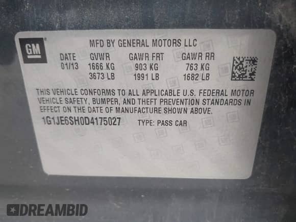 2013 Chevrolet Sonic LTZ with VIN 1G1JE6SH0D4175027, listed as a IAAI auction lot 42864537 with 100,900 mi miles and . Bid and sale history available at DreamBid. Image 9.