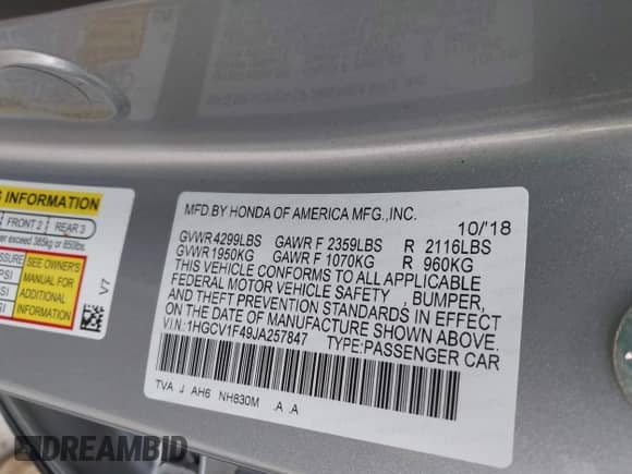 2018 Honda Accord EX с VIN 1HGCV1F49JA257847, выставлен на аукционе IAAI как лот 43364800 с пробегом 48 092 миль миль и . История ставок и продаж доступна на DreamBid. Изображение 9.