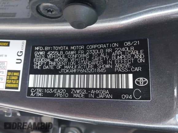 2022 Toyota Prius Limited with VIN JTDKAMFP6N3201845, listed as a IAAI auction lot 43216746 with 82,457 mi miles and . Bid and sale history available at DreamBid. Image 9.