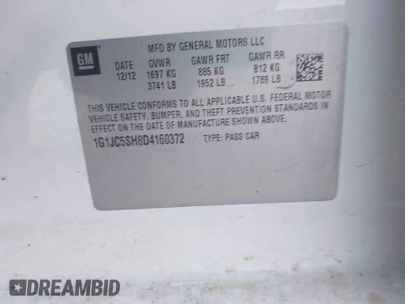 2013 Chevrolet Sonic LT с VIN 1G1JC5SH8D4160372, выставлен на аукционе IAAI как лот 42955389 с пробегом 105 332 миль миль и . История ставок и продаж доступна на DreamBid. Изображение 9.