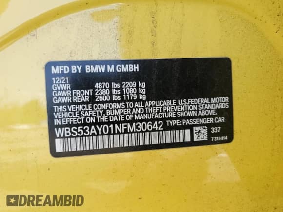 2022 BMW M3 с VIN WBS53AY01NFM30642, выставлен на аукционе Copart как лот 63445964 с пробегом Не указан миль и Списание • Salvage title. История ставок и продаж доступна на DreamBid. Изображение 15.