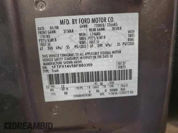 2008 Ford F-150 XLT z VIN 1FTPX14V58FB83359, wystawiony jako Copart lot #46600305 z przebiegiem 154 636 mil mil oraz Szkoda całkowita • Salvage title. Historia ofert i sprzedaży dostępna na DreamBid. Obrazek 12.