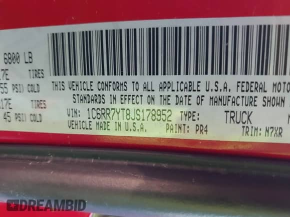 2018 Ram 1500 Rebel with VIN 1C6RR7YT8JS178952, listed as a IAAI auction lot 40514135 with 122,955 mi miles and . Bid and sale history available at DreamBid. Image 9.