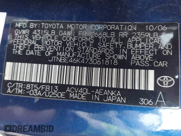 2007 Toyota Camry XLE z VIN JTNBE46K473061818, wystawiony jako IAAI lot #43560357 z przebiegiem 201 742 mil mil oraz . Historia ofert i sprzedaży dostępna na DreamBid. Obrazek 9.