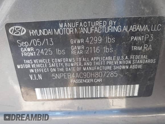 2013 Hyundai Sonata GLS with VIN 5NPEB4AC9DH807285, listed as a IAAI auction lot 43434603 with 138,364 mi miles and . Bid and sale history available at DreamBid. Image 9.