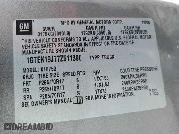 2007 GMC Sierra 1500 SLT с VIN 1GTEK19J77Z511390, выставлен на аукционе Copart как лот 82763705 с пробегом 147 221 миль миль и Чистый • Clean title. История ставок и продаж доступна на DreamBid. Изображение 13.