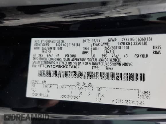 2019 Ford F-150 XLT с VIN 1FTEW1CP5KKC74367, выставлен на аукционе Copart как лот 85279445 с пробегом 101 960 миль миль и На запчасти • Non repairable. История ставок и продаж доступна на DreamBid. Изображение 13.