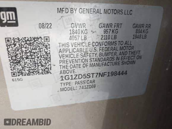 2022 Chevrolet Malibu LT z VIN 1G1ZD5ST7NF198444, wystawiony jako IAAI lot #42888930 z przebiegiem Nie podano mil oraz . Historia ofert i sprzedaży dostępna na DreamBid. Obrazek 9.