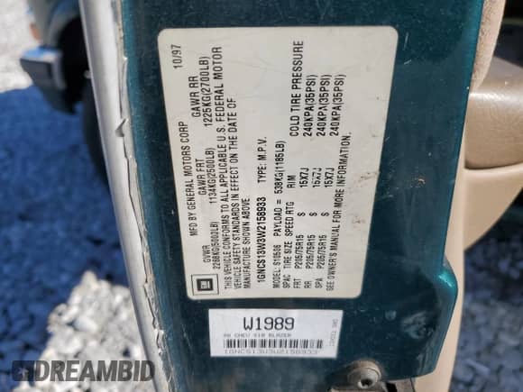 1998 Chevrolet Blazer LS with VIN 1GNCS13W3W2158933, listed as a Copart auction lot 79733554 with 274,771 mi miles and Salvage title. Bid and sale history available at DreamBid. Image 13.