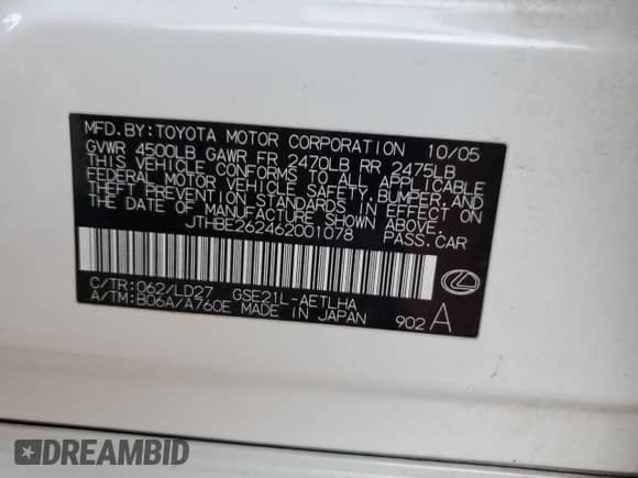 2006 Lexus IS 350 with VIN JTHBE262462001078, listed as a Copart auction lot 43346125 with 205,383 mi miles and Salvage title. Bid and sale history available at DreamBid. Image 12.