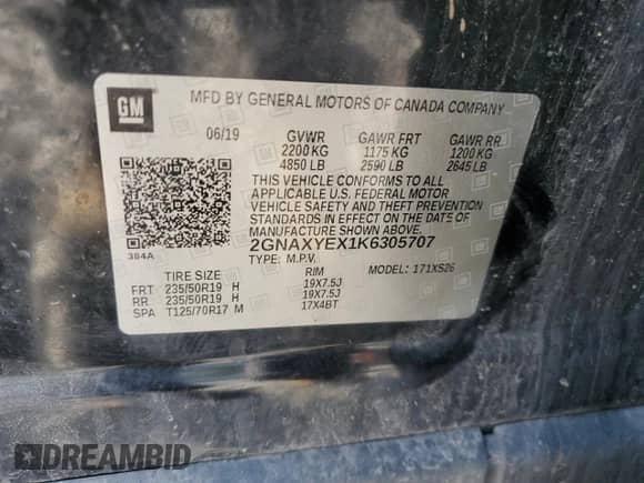 2019 Chevrolet Equinox Premier с VIN 2GNAXYEX1K6305707, выставлен на аукционе Copart как лот 84303665 с пробегом 133 165 миль миль и Списание • Salvage title. История ставок и продаж доступна на DreamBid. Изображение 14.