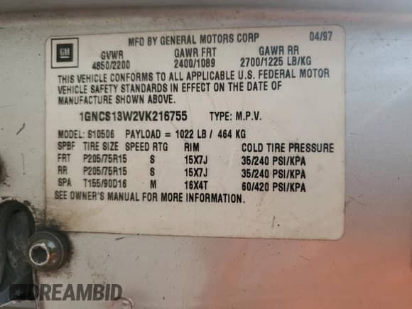 1997 Chevrolet Blazer LS z VIN 1GNCS13W2VK216755, wystawiony jako Copart lot #42385625 z przebiegiem 269 008 mil mil oraz Szkoda całkowita • Salvage title. Historia ofert i sprzedaży dostępna na DreamBid. Obrazek 13.