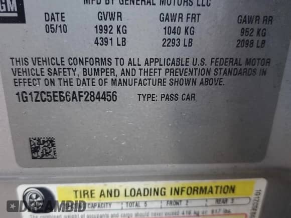 2010 Chevrolet Malibu 1LT с VIN 1G1ZC5EB6AF284456, выставлен на аукционе Copart как лот 81621015 с пробегом 139 642 миль миль и Списание • Salvage title. История ставок и продаж доступна на DreamBid. Изображение 12.