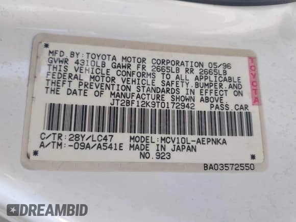 1996 Toyota Camry LE z VIN JT2BF12K9T0172942, wystawiony jako IAAI lot #43023485 z przebiegiem 294 899 mil mil oraz . Historia ofert i sprzedaży dostępna na DreamBid. Obrazek 9.