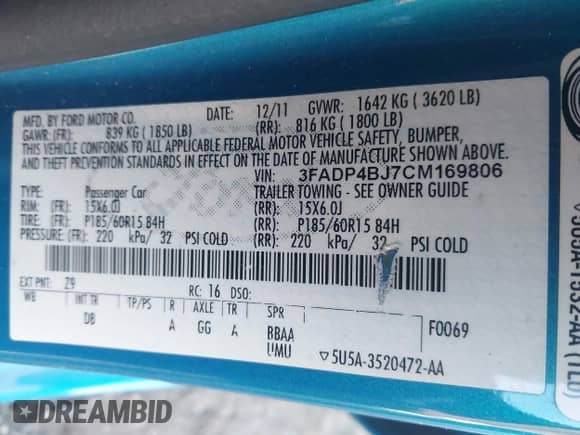 2012 Ford Fiesta SE с VIN 3FADP4BJ7CM169806, выставлен на аукционе IAAI как лот 43418164 с пробегом 91 024 миль миль и . История ставок и продаж доступна на DreamBid. Изображение 9.