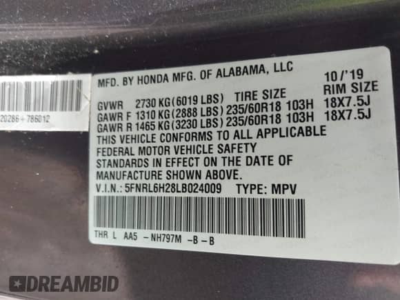 2020 Honda Odyssey LX с VIN 5FNRL6H28LB024009, выставлен на аукционе IAAI как лот 42682623 с пробегом 114 888 миль миль и . История ставок и продаж доступна на DreamBid. Изображение 9.