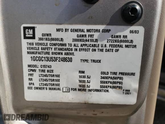 2003 Chevrolet Silverado 1500HD LS с VIN 1GCGC13U53F248630, выставлен на аукционе Copart как лот 56258545 с пробегом 266 483 миль миль и Списание • Salvage title. История ставок и продаж доступна на DreamBid. Изображение 12.