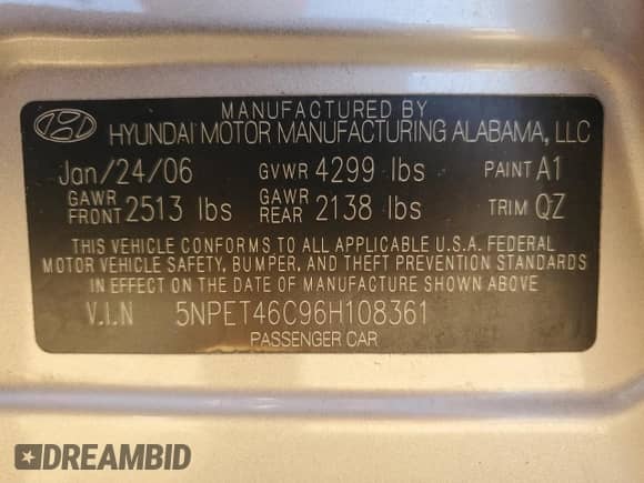 2006 Hyundai Sonata GL z VIN 5NPET46C96H108361, wystawiony jako Copart lot #71003075 z przebiegiem 51 660 mil mil oraz Szkoda całkowita • Salvage title. Historia ofert i sprzedaży dostępna na DreamBid. Obrazek 12.