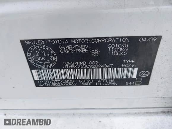 2009 Lexus IS 250 с VIN JTHBK262092094047, выставлен на аукционе IAAI как лот 43366601 с пробегом 86 711 миль миль и . История ставок и продаж доступна на DreamBid. Изображение 9.