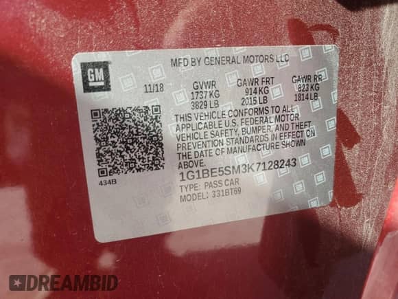 2019 Chevrolet Cruze LT с VIN 1G1BE5SM3K7128243, выставлен на аукционе Copart как лот 81875865 с пробегом Не указан миль и Списание • Salvage title. История ставок и продаж доступна на DreamBid. Изображение 12.