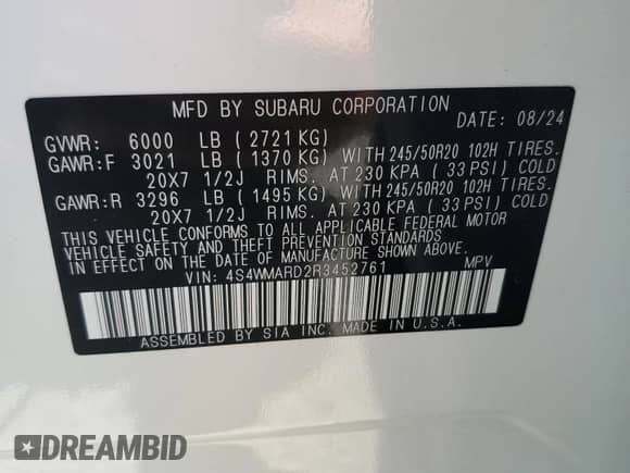 2024 Subaru Ascent Limited with VIN 4S4WMARD2R3452761, listed as a Copart auction lot 69226065 with 9,274 mi miles and Salvage title. Bid and sale history available at DreamBid. Image 14.