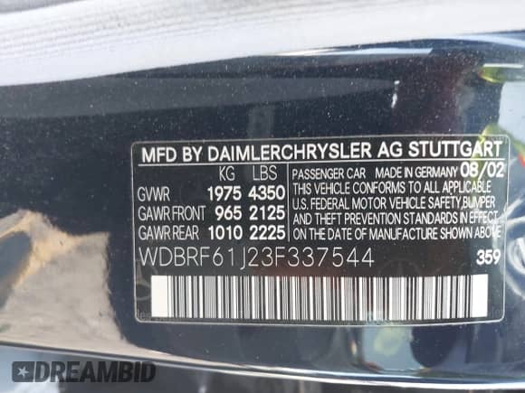 2003 Mercedes-Benz C 240 with VIN WDBRF61J23F337544, listed as a IAAI auction lot 43378482 with 172,552 mi miles and . Bid and sale history available at DreamBid. Image 9.