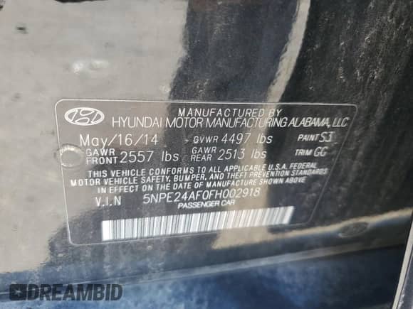 2015 Hyundai Sonata SE with VIN 5NPE24AF0FH002918, listed as a Copart auction lot 65641135 with 97,587 mi miles and Salvage title. Bid and sale history available at DreamBid. Image 12.