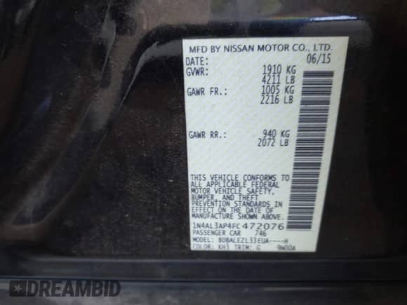 2015 Nissan Altima S z VIN 1N4AL3AP4FC472076, wystawiony jako IAAI lot #40707973 z przebiegiem 148 470 mil mil oraz . Historia ofert i sprzedaży dostępna na DreamBid. Obrazek 9.