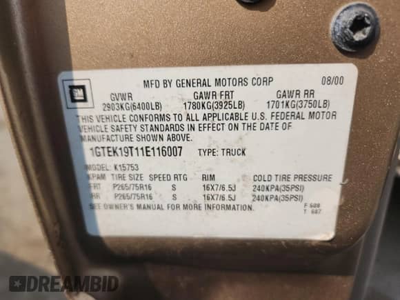 2001 GMC Sierra 1500 SLE с VIN 1GTEK19T11E116007, выставлен на аукционе Copart как лот 66622955 с пробегом 164 540 миль миль и На запчасти • Non repairable. История ставок и продаж доступна на DreamBid. Изображение 12.