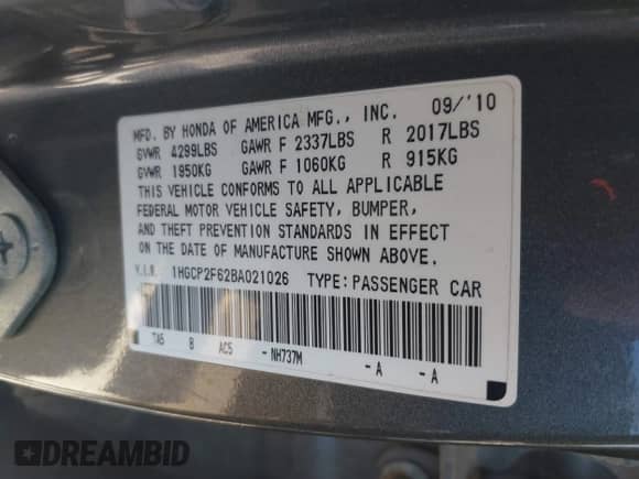 2011 Honda Accord SE with VIN 1HGCP2F62BA021026, listed as a IAAI auction lot 43183167 with 224,728 mi miles and . Bid and sale history available at DreamBid. Image 9.