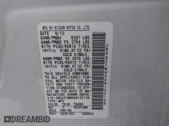 2010 Nissan Murano LE with VIN JN8AZ1MW8AW135129, listed as a IAAI auction lot 41554777 with 103,000 mi miles and . Bid and sale history available at DreamBid. Image 9.