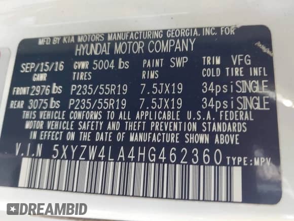 2017 Hyundai Santa Fe Ultimate with VIN 5XYZW4LA4HG462360, listed as a IAAI auction lot 42792002 with 122,145 mi miles and . Bid and sale history available at DreamBid. Image 9.