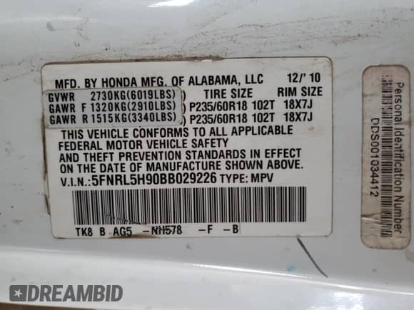 2011 Honda Odyssey Touring с VIN 5FNRL5H90BB029226, выставлен на аукционе Copart как лот 84238665 с пробегом Не указан миль и Чистый • Clean title. История ставок и продаж доступна на DreamBid. Изображение 13.