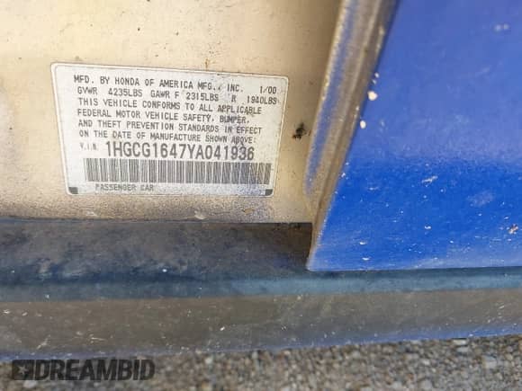 2000 Honda Accord LX с VIN 1HGCG1647YA041936, выставлен на аукционе IAAI как лот 42558816 с пробегом 256 007 миль миль и . История ставок и продаж доступна на DreamBid. Изображение 9.