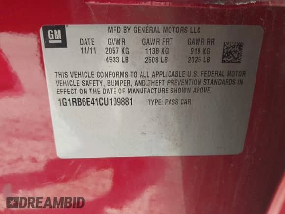 2012 Chevrolet Volt with VIN 1G1RB6E41CU109881, listed as a IAAI auction lot 43191697 with 120,914 mi miles and . Bid and sale history available at DreamBid. Image 9.