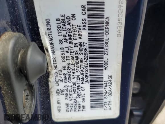 2004 Toyota Corolla CE z VIN 1NXBR32E04Z268677, wystawiony jako Copart lot #69282035 z przebiegiem 94 770 mil mil oraz Szkoda całkowita • Salvage title. Historia ofert i sprzedaży dostępna na DreamBid. Obrazek 12.