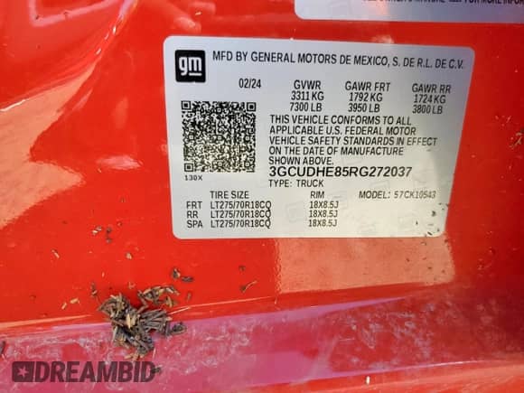 2024 Chevrolet Silverado 1500 ZR2 с VIN 3GCUDHE85RG272037, выставлен на аукционе Copart как лот 64814885 с пробегом Не указан миль и Списание • Salvage title. История ставок и продаж доступна на DreamBid. Изображение 12.