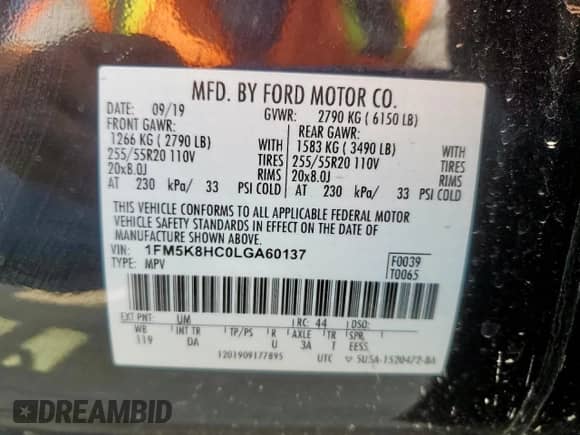 2020 Ford Explorer Platinum с VIN 1FM5K8HC0LGA60137, выставлен на аукционе Copart как лот 64837965 с пробегом 24 932 миль миль и Списание • Salvage title. История ставок и продаж доступна на DreamBid. Изображение 13.